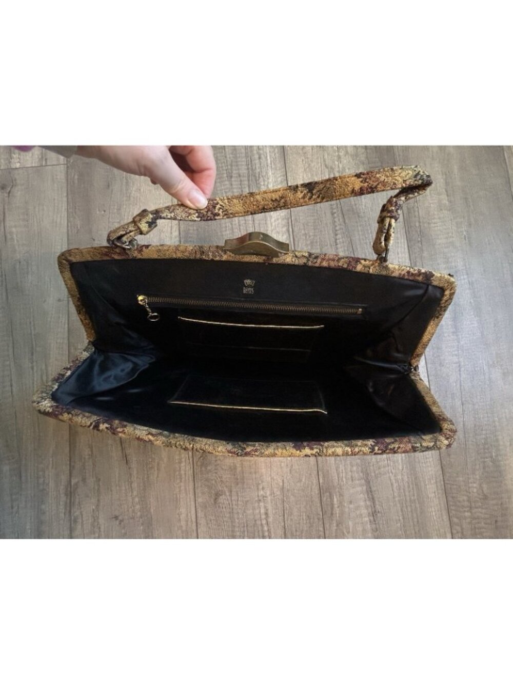 Vintage Crown Lewis Tapestry Purse Gold Floral Top Handle Bag Mid Century MCM - Picture 12 of 16